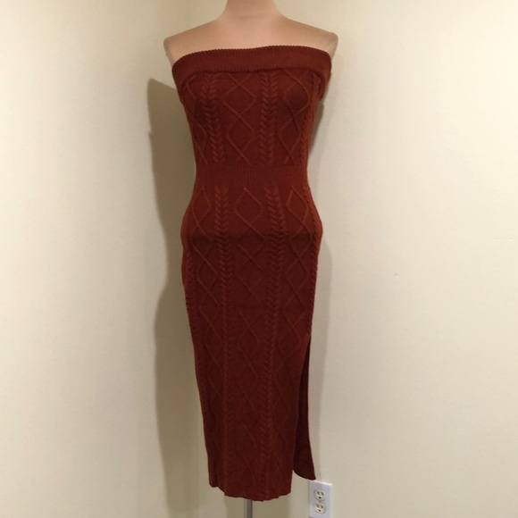 Fashion Nova Midi Dress Size Medium Burnt Orange Cable Knit Strapless Bodycon - Picture 2 of 8